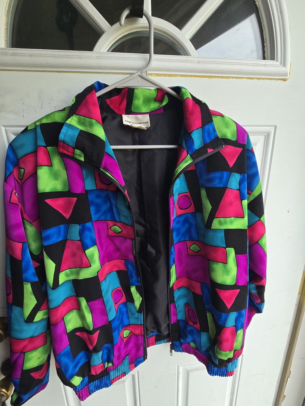 erin london Neon Geometric Bomber Jacket in Black, Pink, Green, Blue